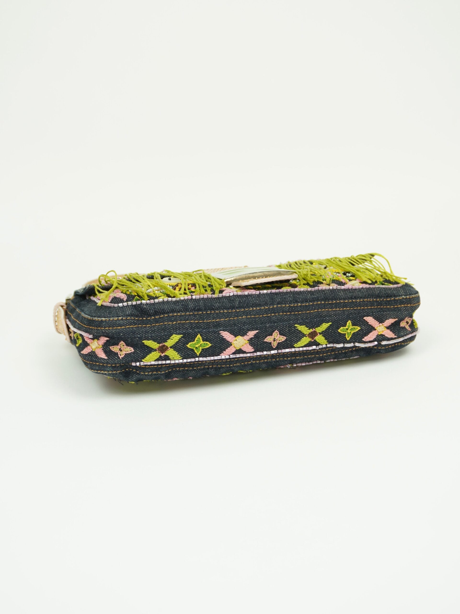 FENDI DENIM BEADED BAGUETTE WITH LIZARD TRIM