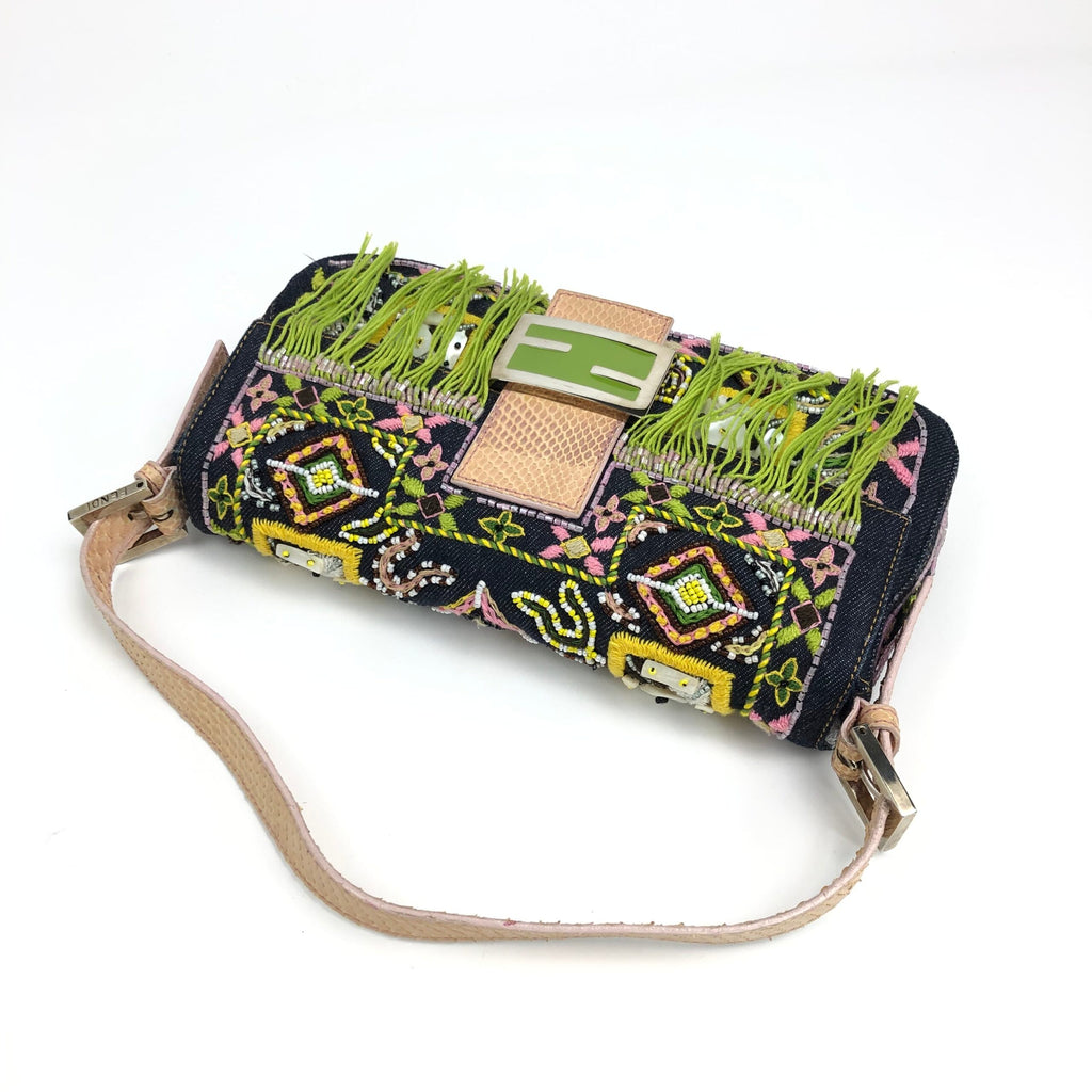 FENDI BEADED DENIM BAGUETTE WITH SNAKESKIN DETAILING