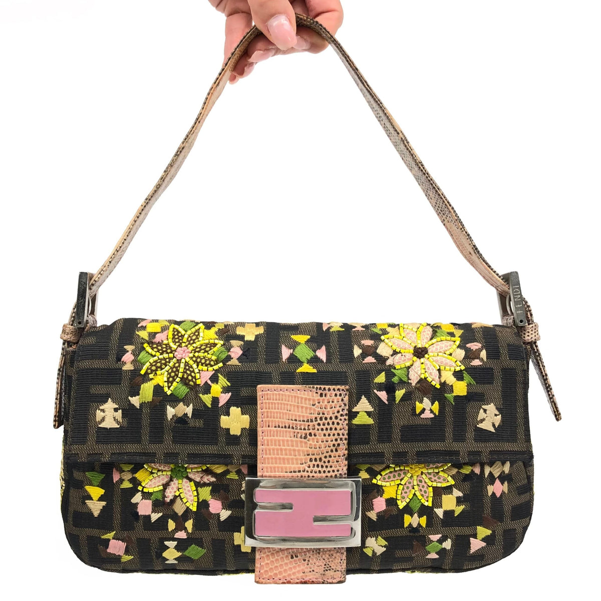 FENDI ZUCCA BEADED BAGUETTE BAG WITH EXOTIC LIZARD DETAILING