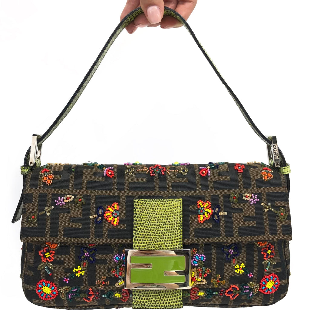 FENDI ZUCCA FLORAL BEADED BAGUETTE BAG WITH EXOTIC LIZARD DETAILING