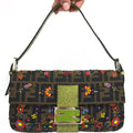 FENDI ZUCCA FLORAL BEADED BAGUETTE BAG WITH EXOTIC LIZARD DETAILING