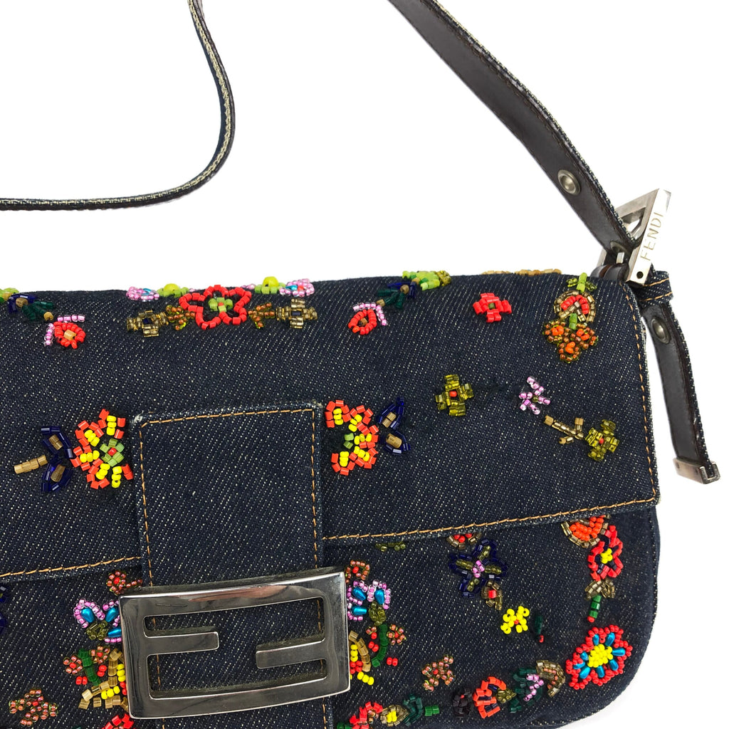 FENDI DENIM FLORAL BEADED BAGUETTE BAG