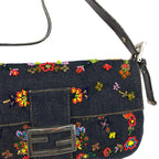 FENDI DENIM FLORAL BEADED BAGUETTE BAG