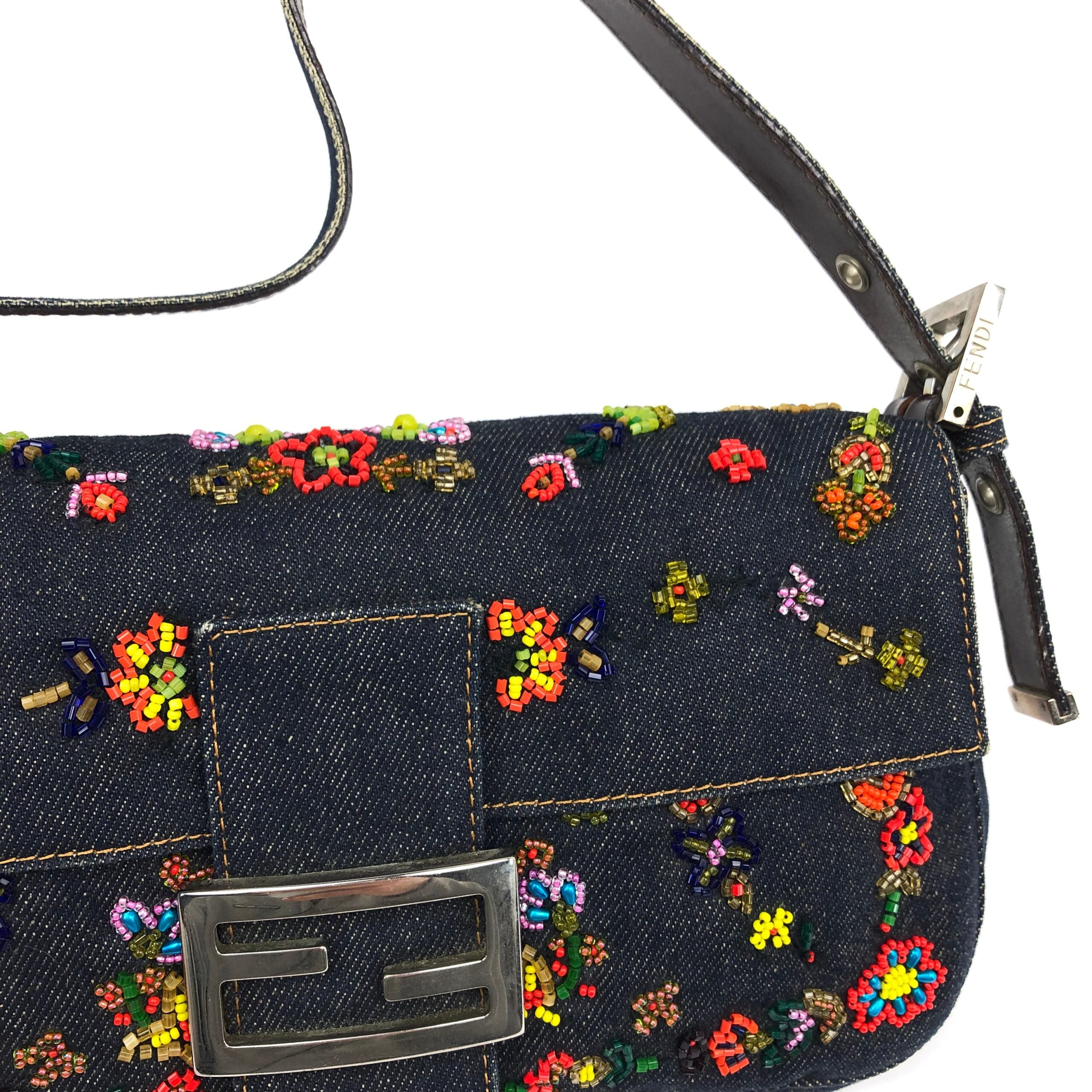 FENDI DENIM FLORAL BEADED BAGUETTE BAG