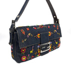 FENDI DENIM FLORAL BEADED BAGUETTE BAG