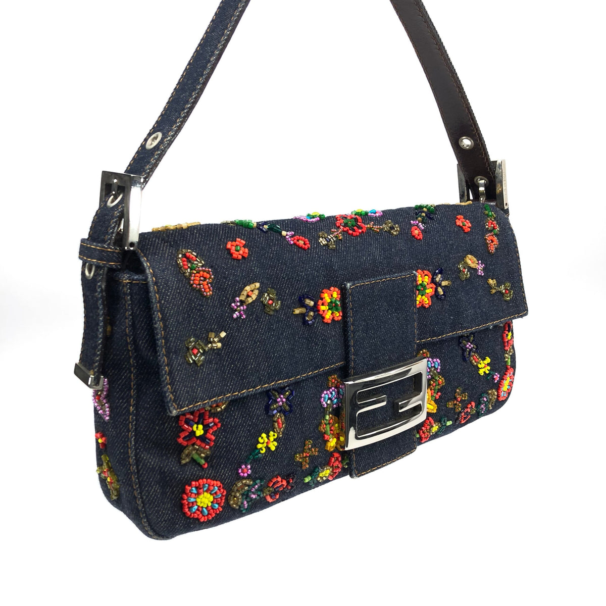 FENDI DENIM FLORAL BEADED BAGUETTE BAG
