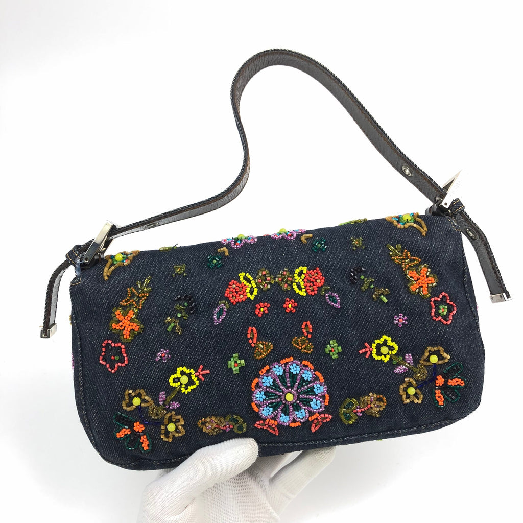 FENDI DENIM FLORAL BEADED BAGUETTE BAG
