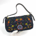 FENDI DENIM FLORAL BEADED BAGUETTE BAG