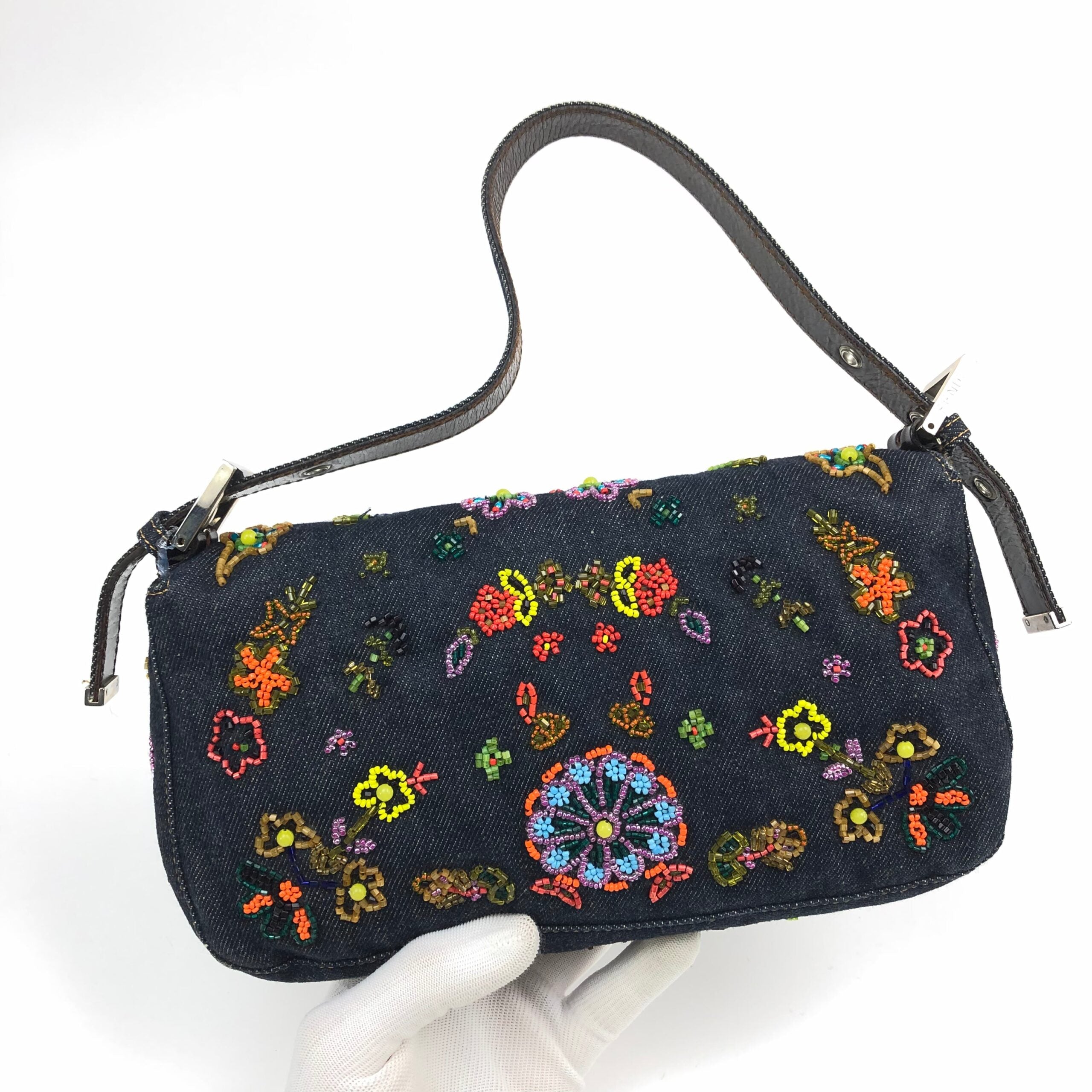 FENDI DENIM FLORAL BEADED BAGUETTE BAG