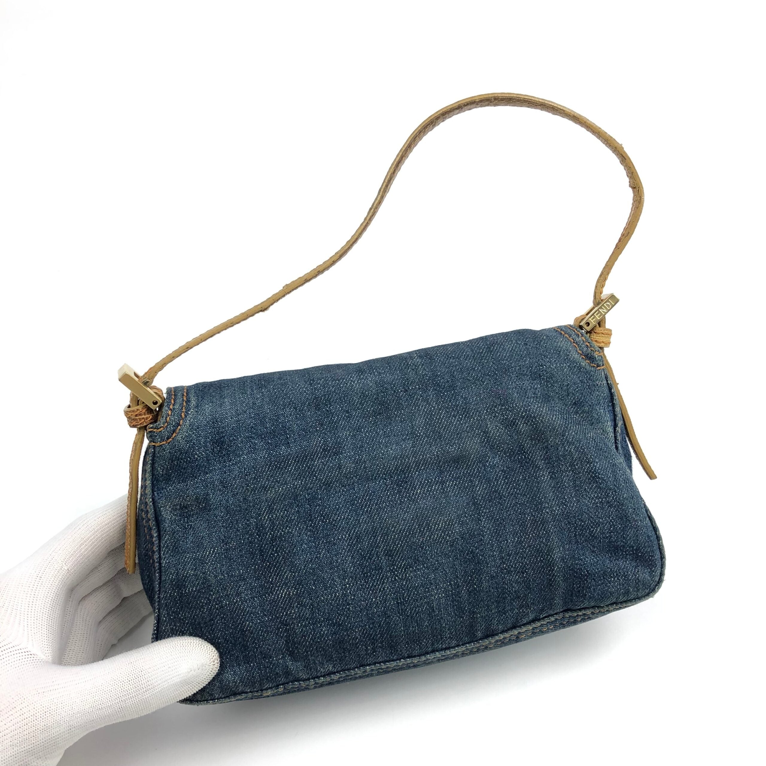 FENDI DENIM BAGUETTE BAG WITH EXOTIC LIZARD DETAILING
