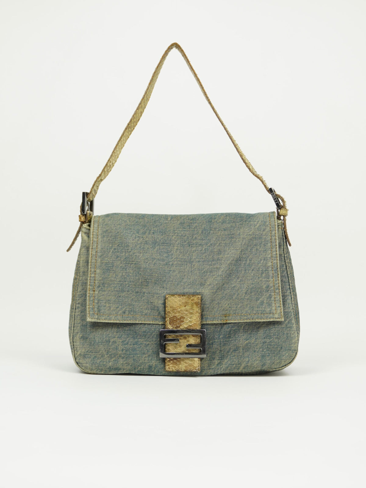 FENDI MAMA DENIM BAGUETTE WITH LIZARD TRIM