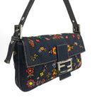 FENDI DENIM FLORAL BEADED BAGUETTE BAG