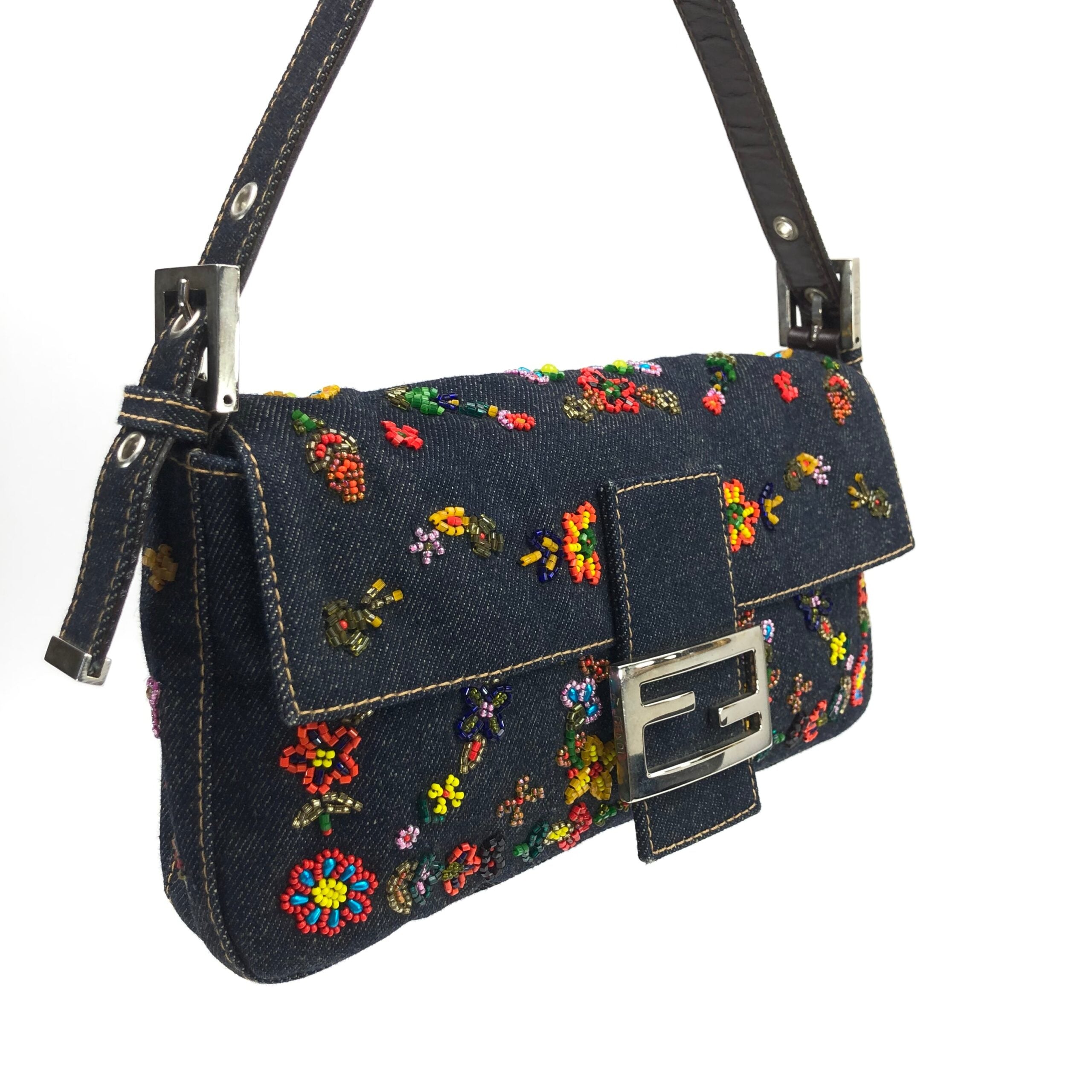 FENDI DENIM FLORAL BEADED BAGUETTE BAG