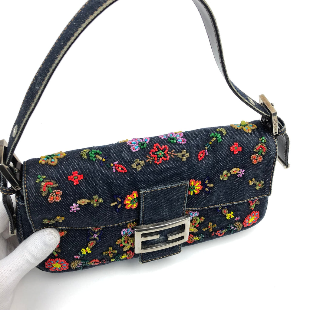 FENDI DENIM BEADED BAGUETTE BAG