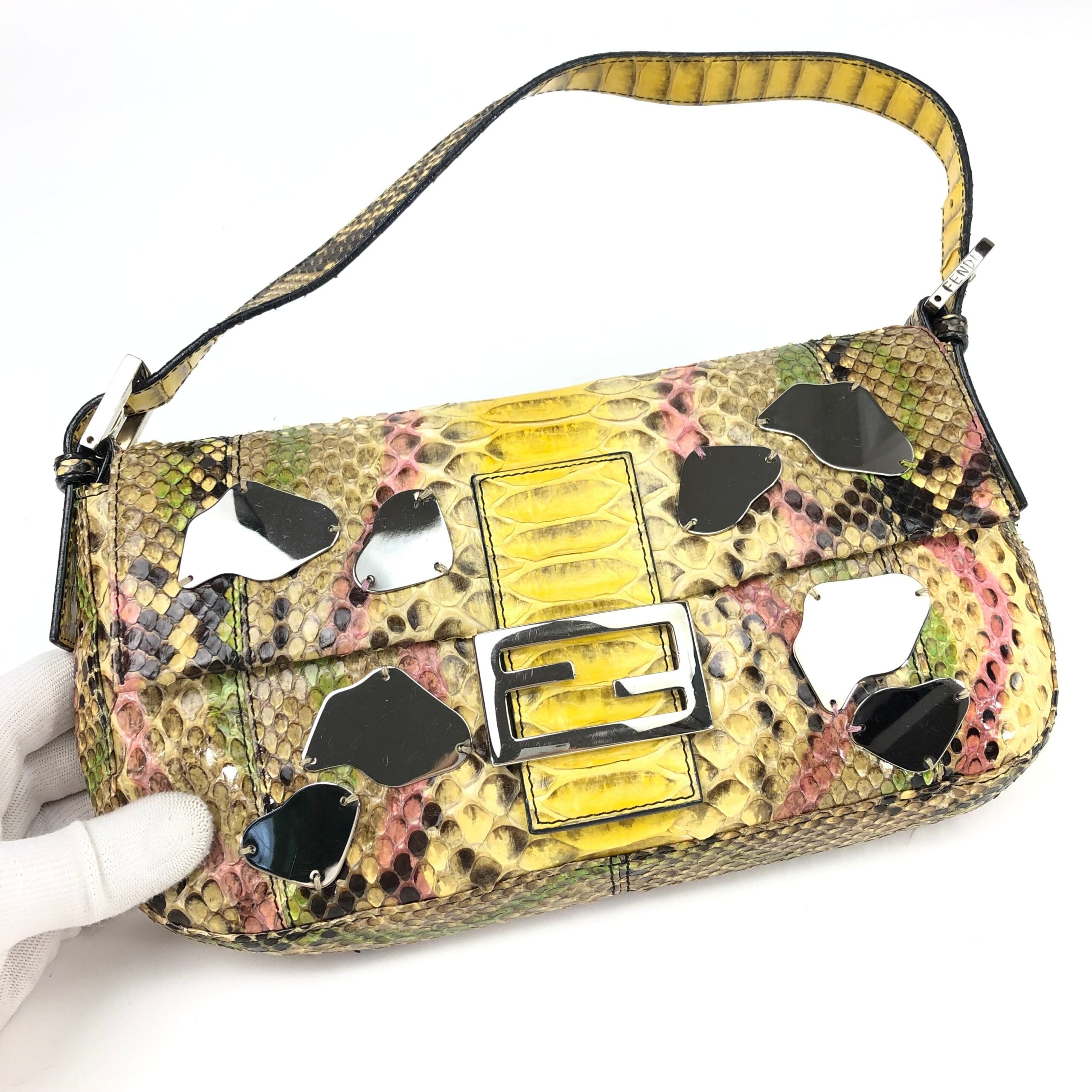 FENDI MULTI COLOUR PYTHON SNAKESKIN BAGUETTE SHOULDER BAG WITH METAL/MIRROR DETAILING