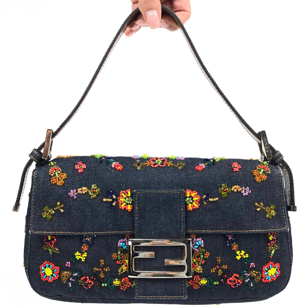 FENDI DENIM FLORAL BEADED BAGUETTE BAG