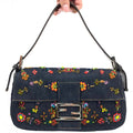 FENDI DENIM FLORAL BEADED BAGUETTE BAG