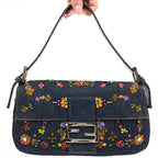 FENDI DENIM FLORAL BEADED BAGUETTE BAG