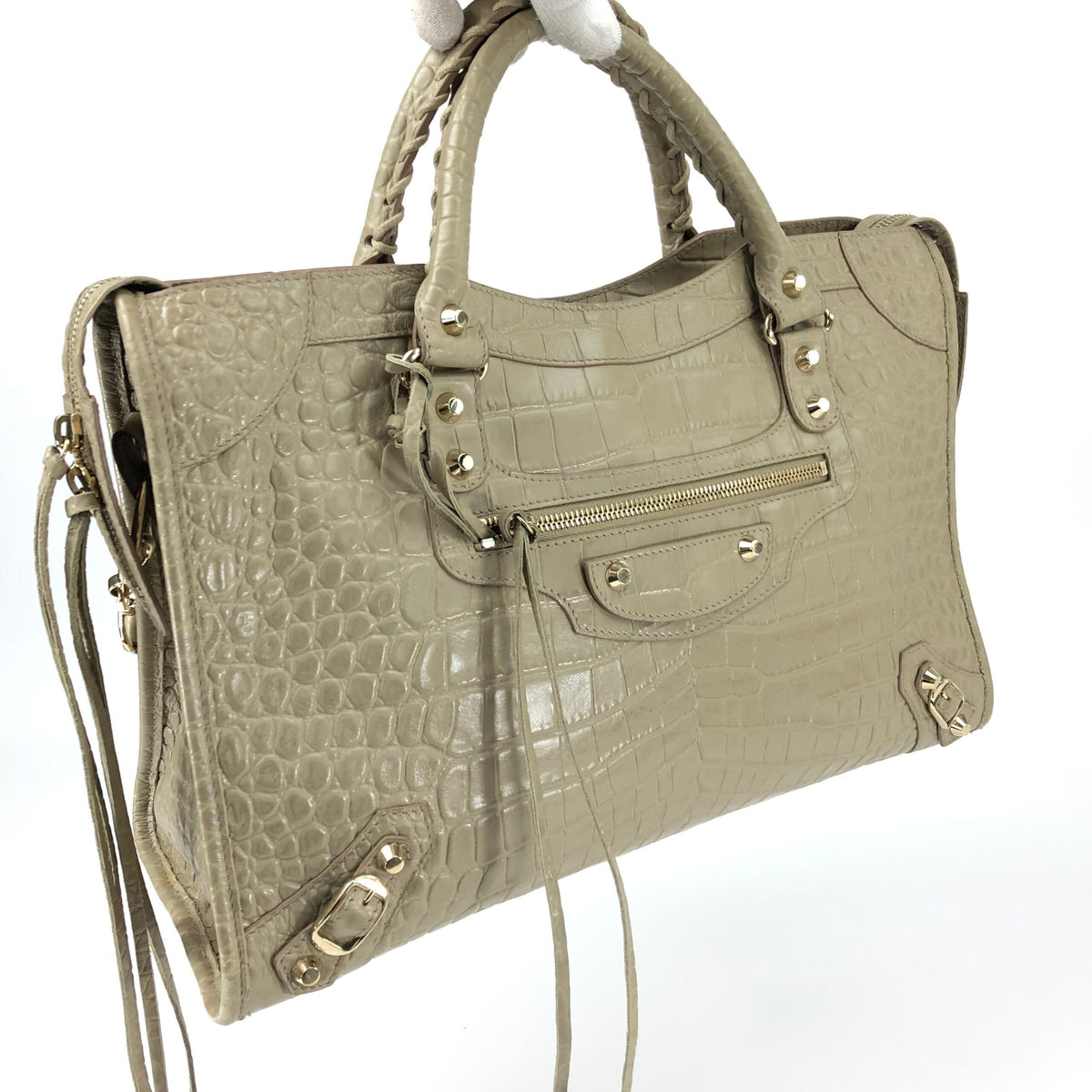 BALENCIAGA CROCODILE EMBOSSED LEATHER CITY BAG