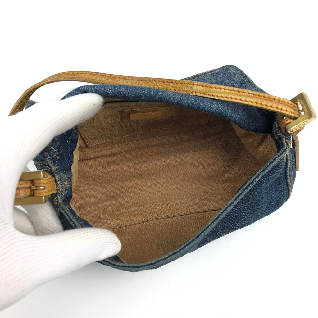 FENDI DENIM BAGUETTE BAG WITH EXOTIC LIZARD DETAILING