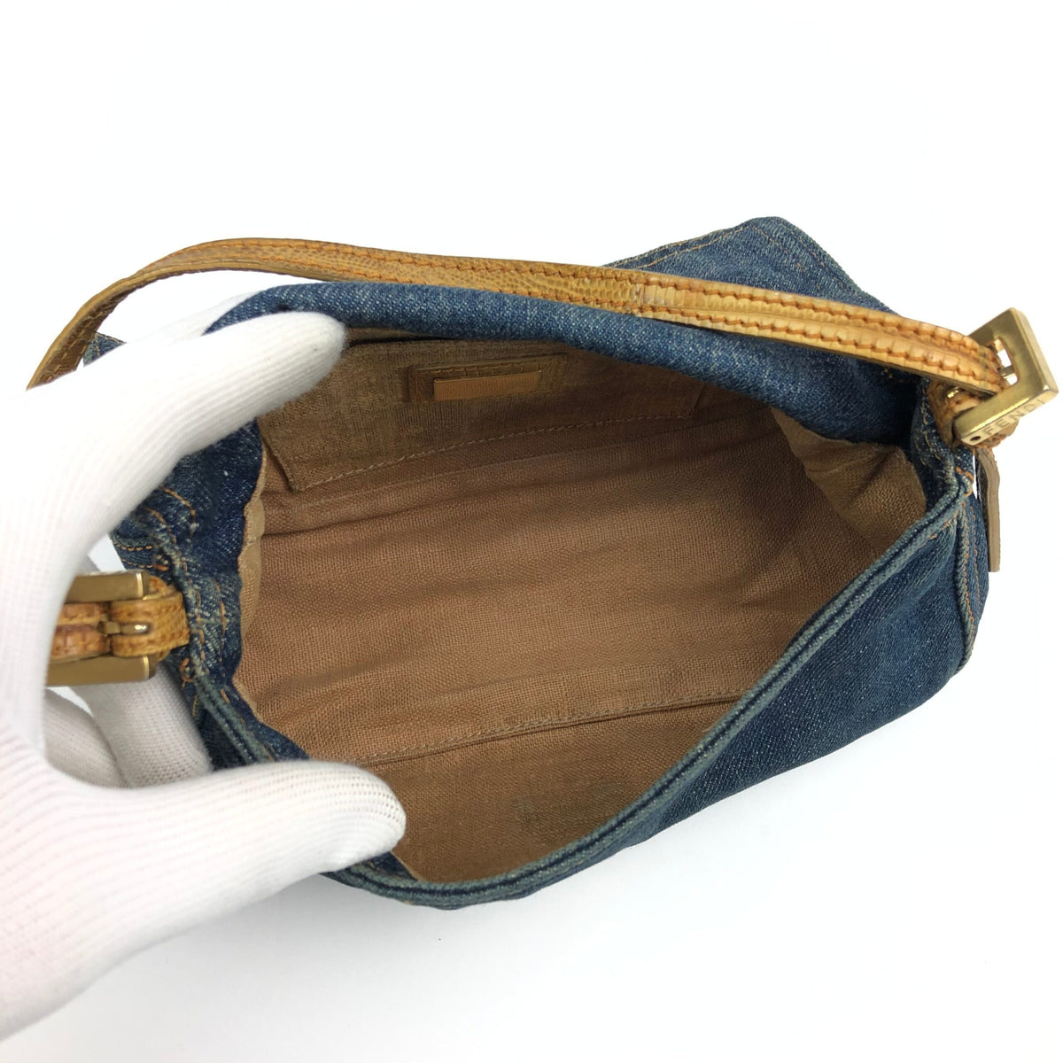 FENDI DENIM BAGUETTE BAG WITH EXOTIC LIZARD DETAILING