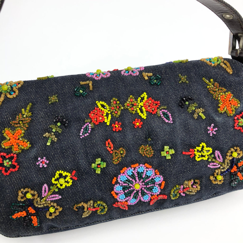 FENDI DENIM FLORAL BEADED BAGUETTE BAG