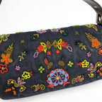 FENDI DENIM FLORAL BEADED BAGUETTE BAG