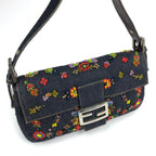 FENDI DENIM FLORAL BEADED BAGUETTE BAG