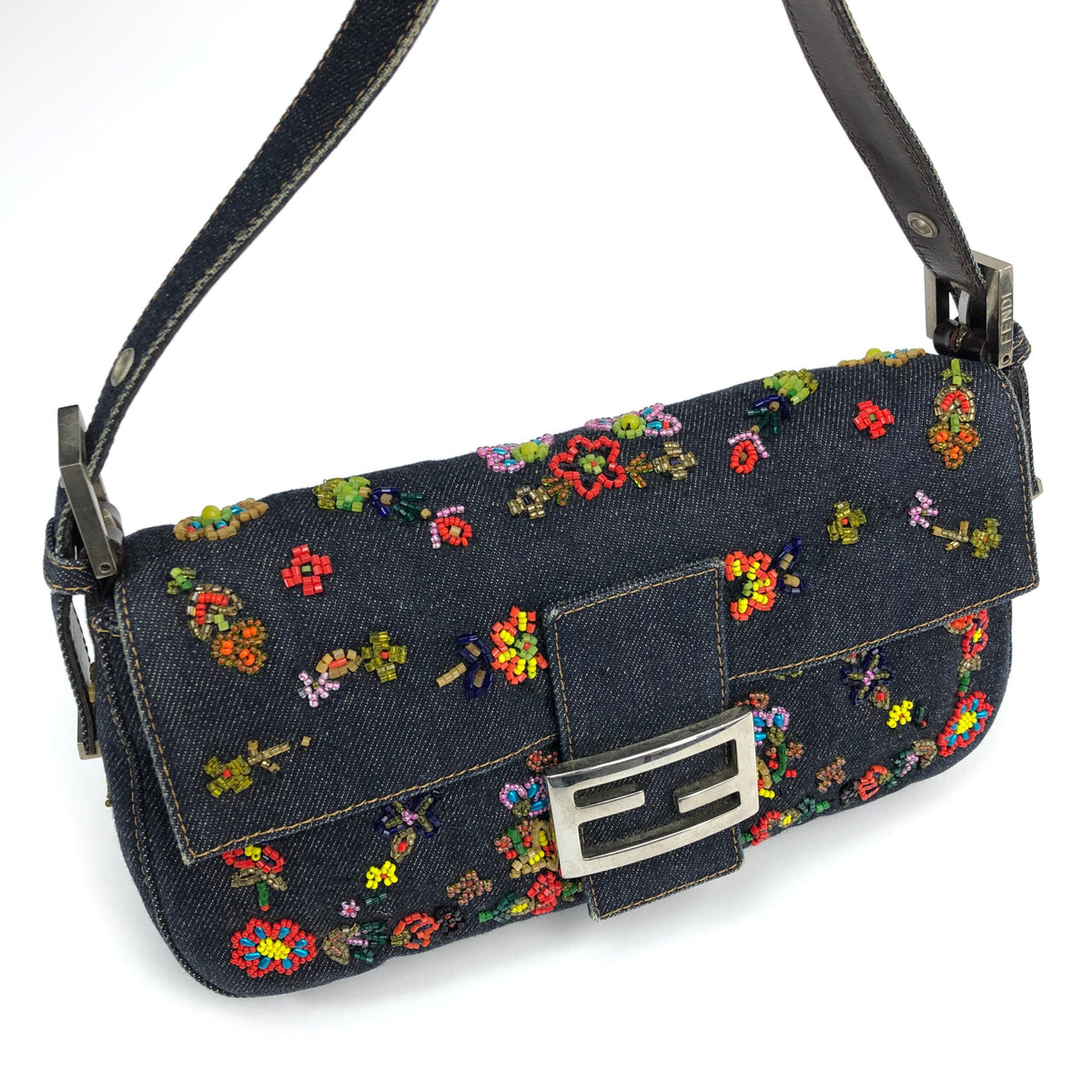 FENDI DENIM FLORAL BEADED BAGUETTE BAG