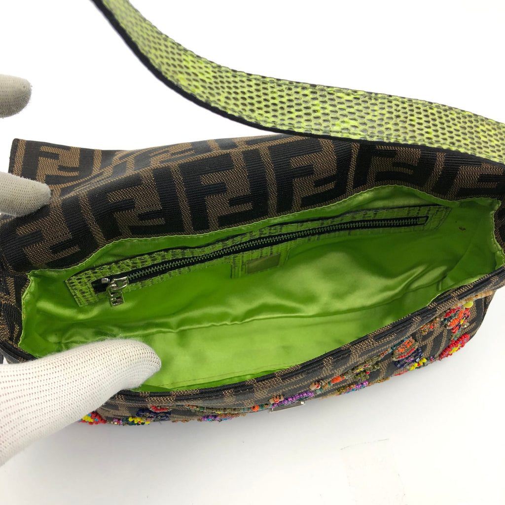 FENDI ZUCCA FLORAL BEADED BAGUETTE BAG WITH EXOTIC LIZARD DETAILING