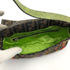 FENDI ZUCCA FLORAL BEADED BAGUETTE BAG WITH EXOTIC LIZARD DETAILING