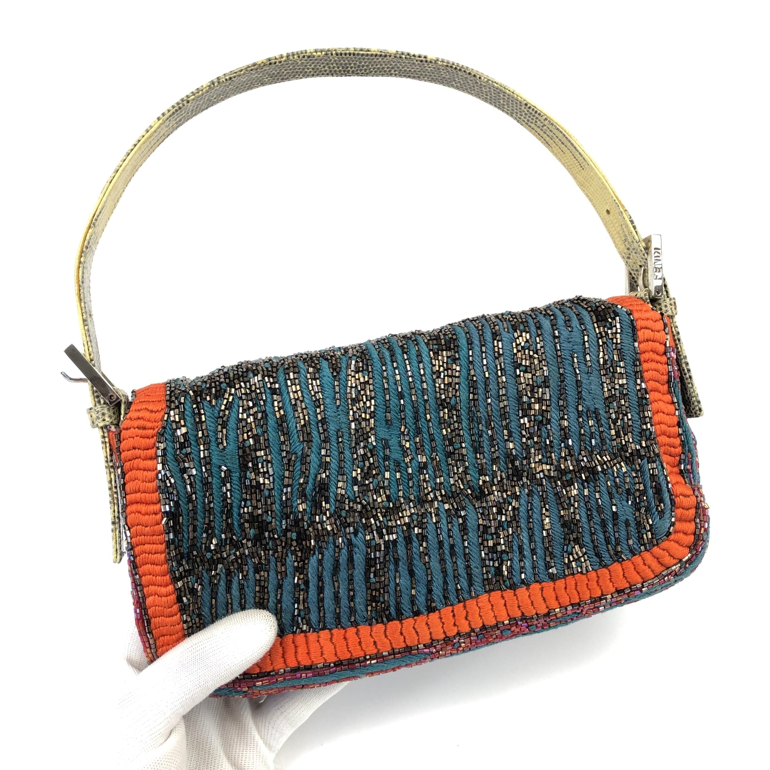 FENDI BEADED BAGUETTE BAG WITH EXOTIC LIZARD DETAILING