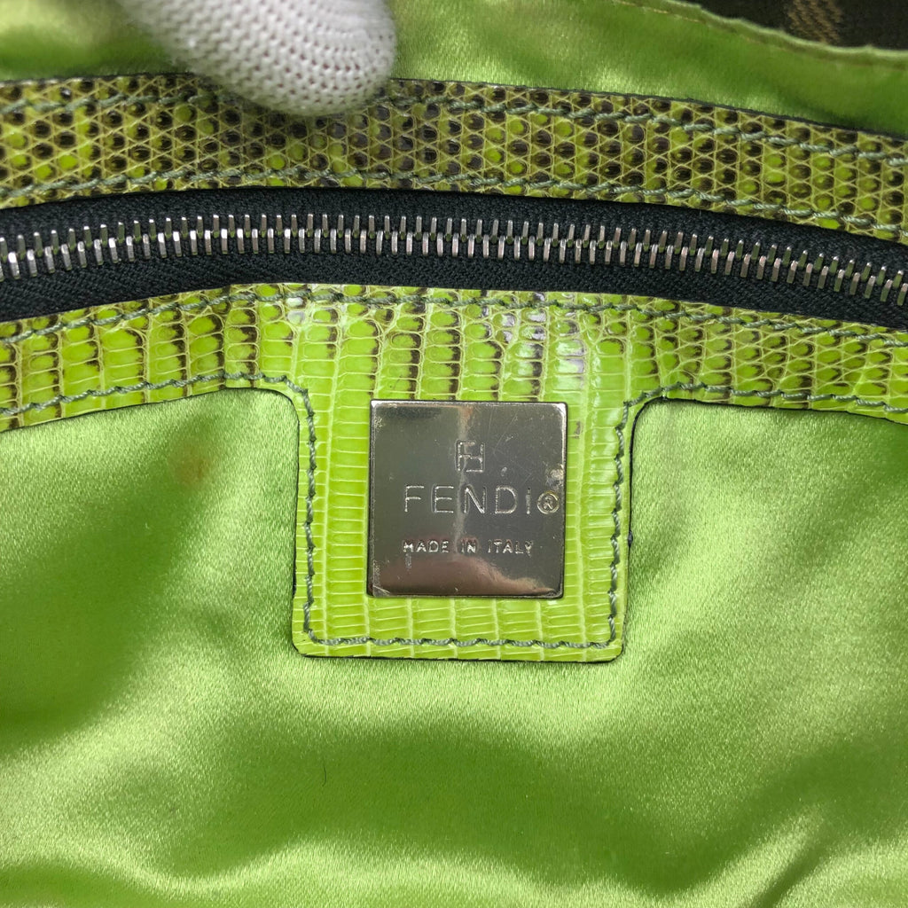 FENDI ZUCCA FLORAL BEADED BAGUETTE BAG WITH EXOTIC LIZARD DETAILING