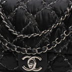 Chanel Timeless Classic medium model handbag in black quilted canvas and grey jersey - DETAIL 1