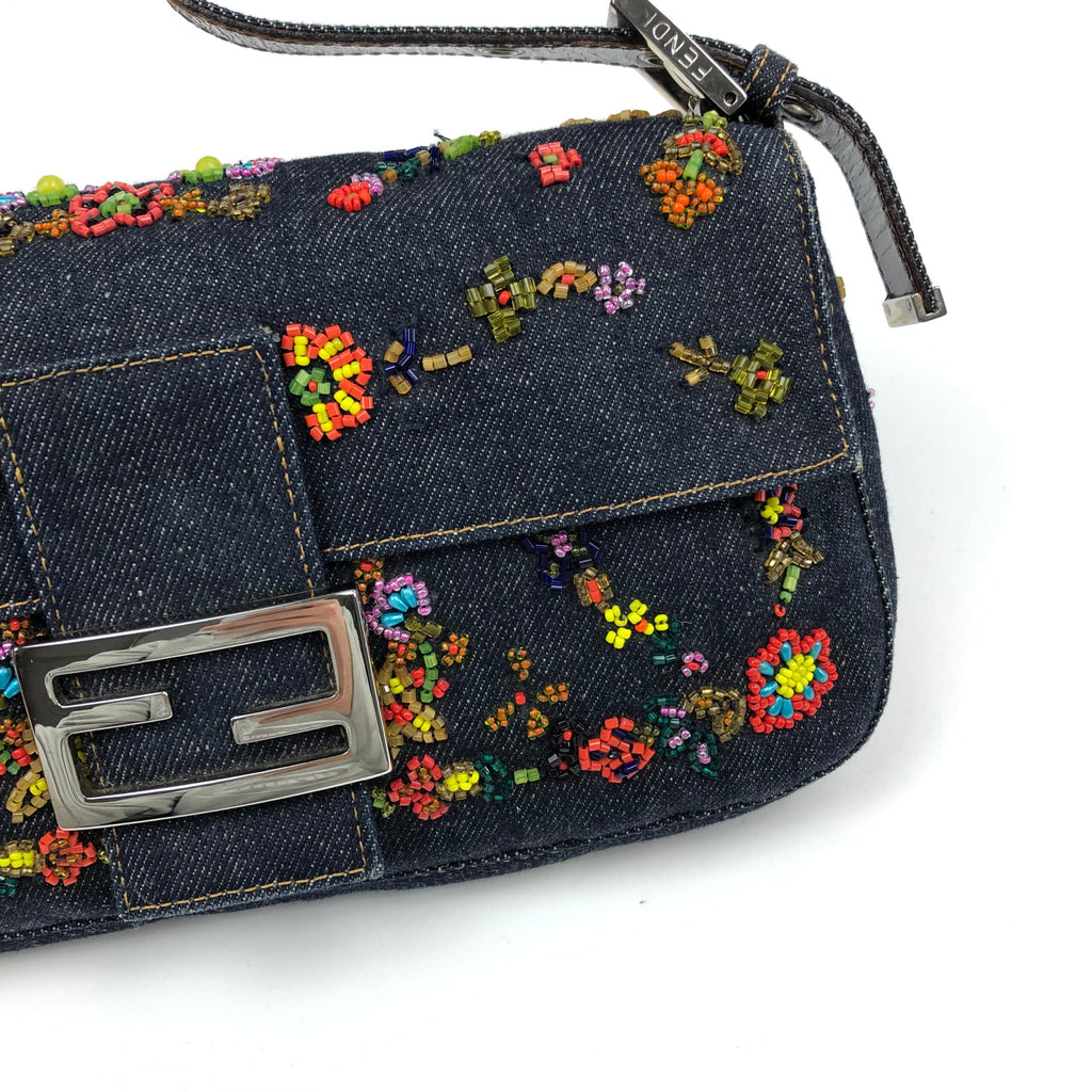 FENDI DENIM FLORAL BEADED BAGUETTE BAG