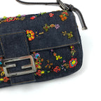 FENDI DENIM FLORAL BEADED BAGUETTE BAG