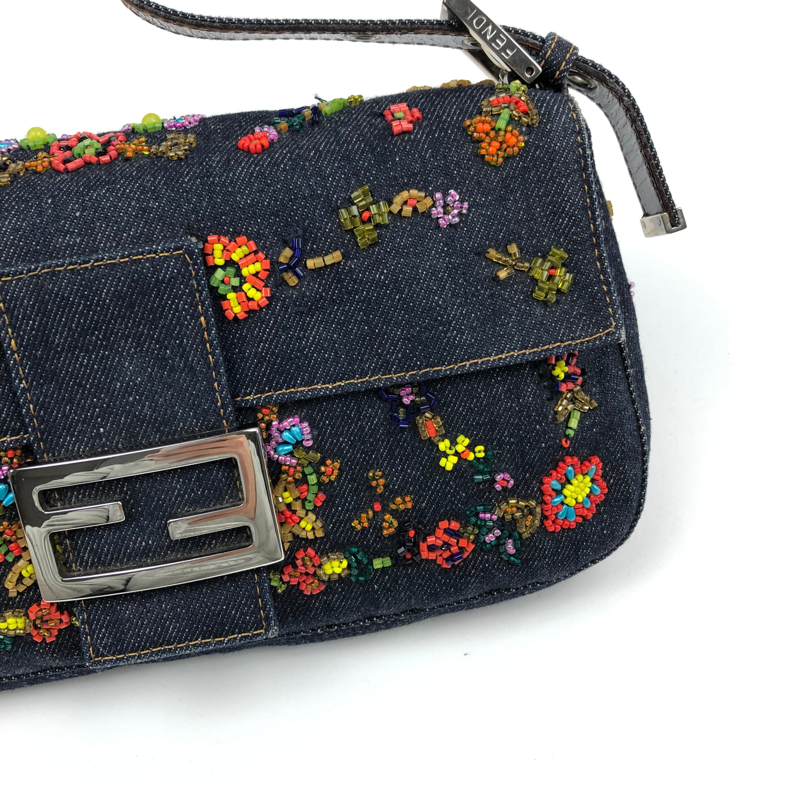 FENDI DENIM FLORAL BEADED BAGUETTE BAG