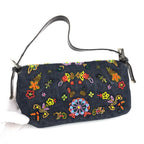 FENDI DENIM FLORAL BEADED BAGUETTE BAG