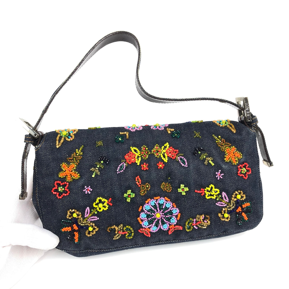 FENDI DENIM FLORAL BEADED BAGUETTE BAG
