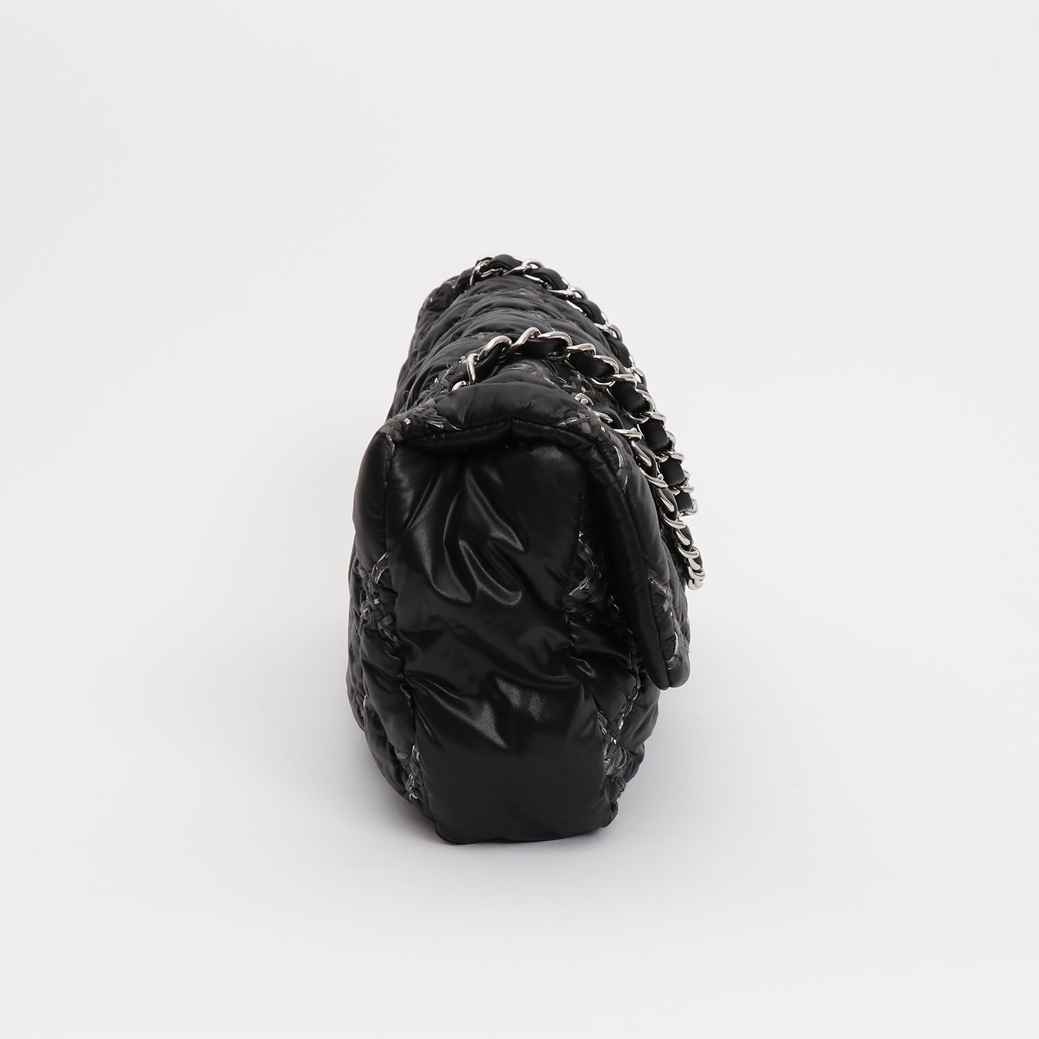 Chanel Timeless Classic medium model handbag in black quilted canvas and grey jersey - DETAIL 6