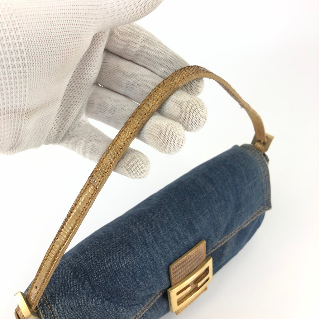FENDI DENIM BAGUETTE BAG WITH LIZARD DETAILING
