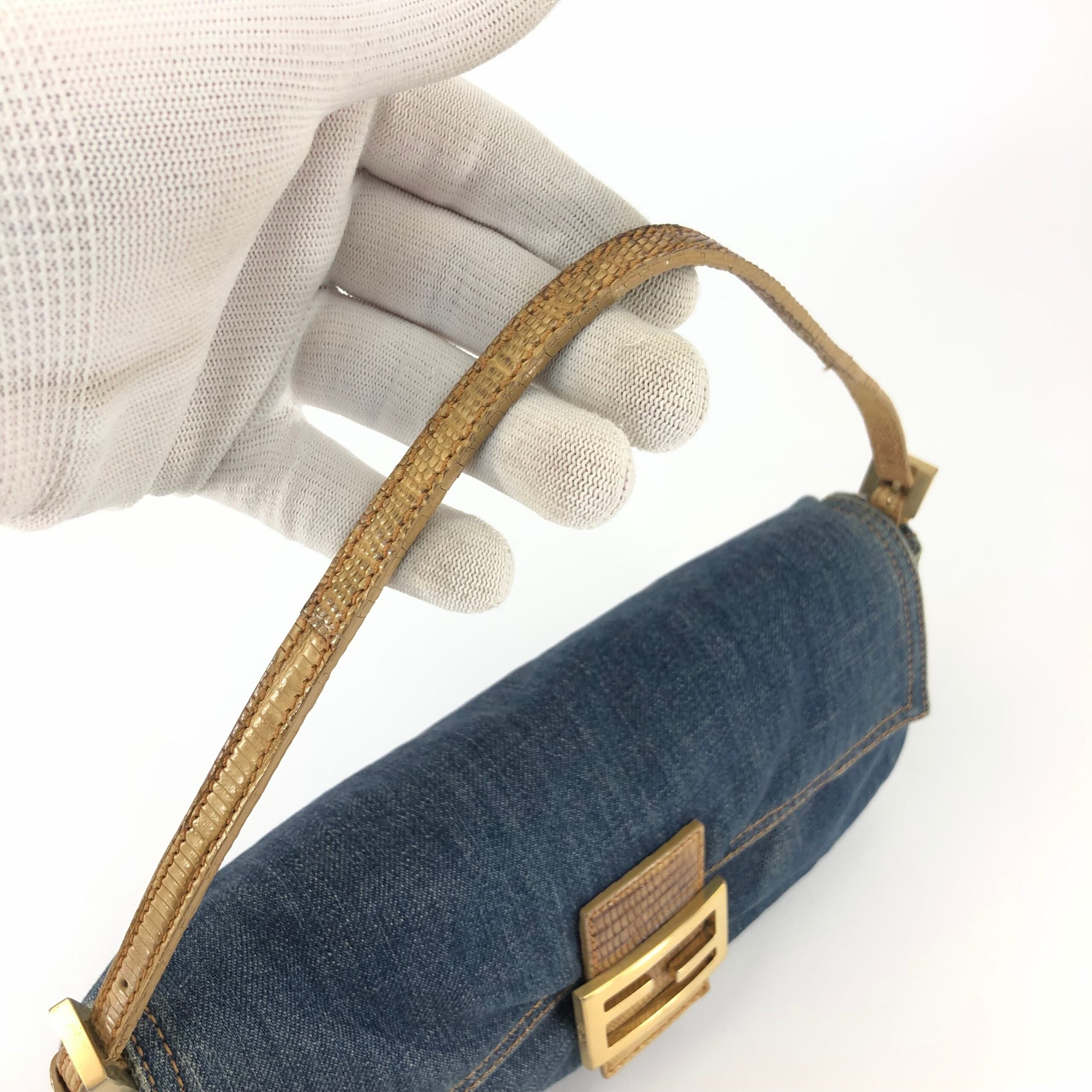FENDI DENIM BAGUETTE BAG WITH LIZARD DETAILING