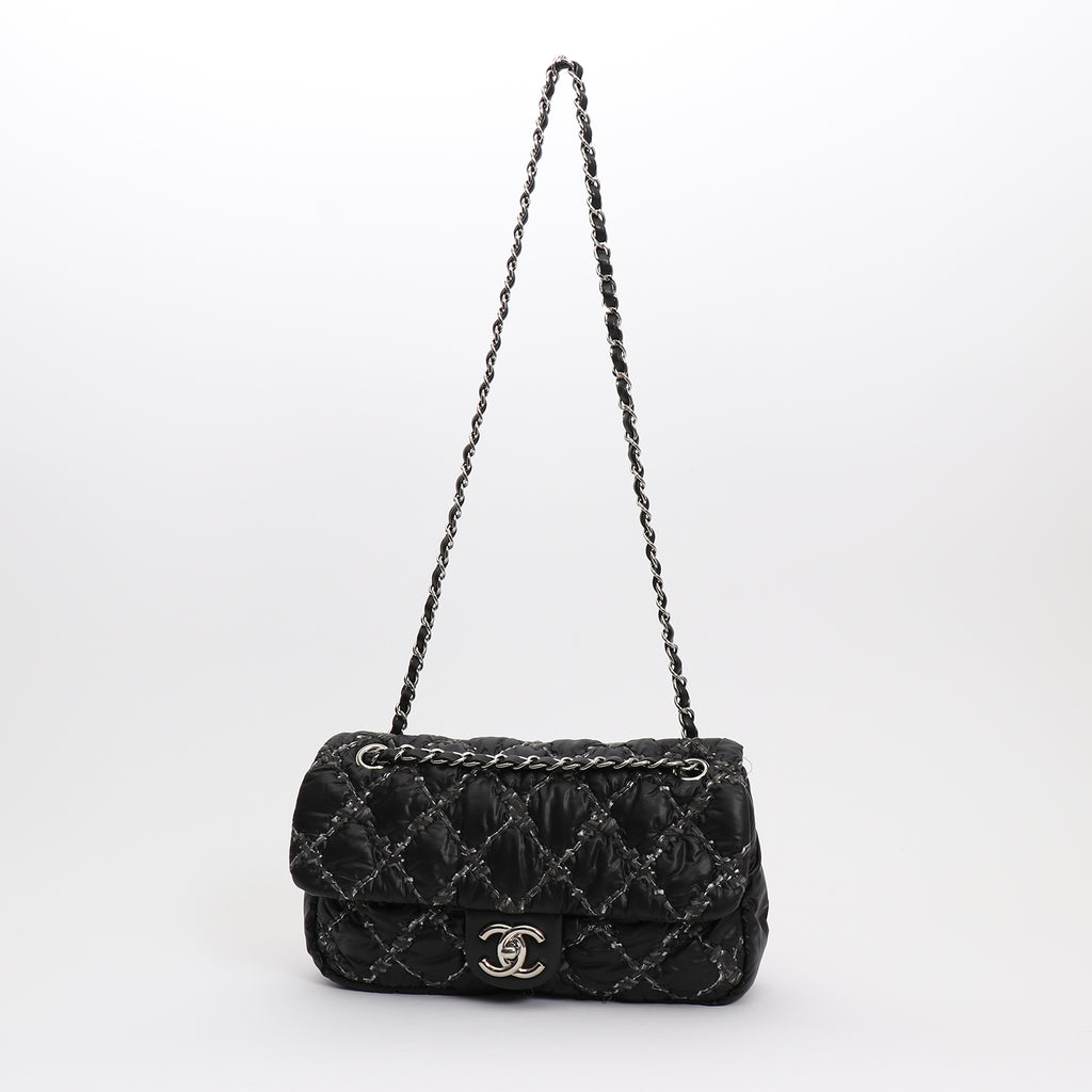 Chanel Timeless Classic medium model handbag in black quilted canvas and grey jersey - DETAIL 8