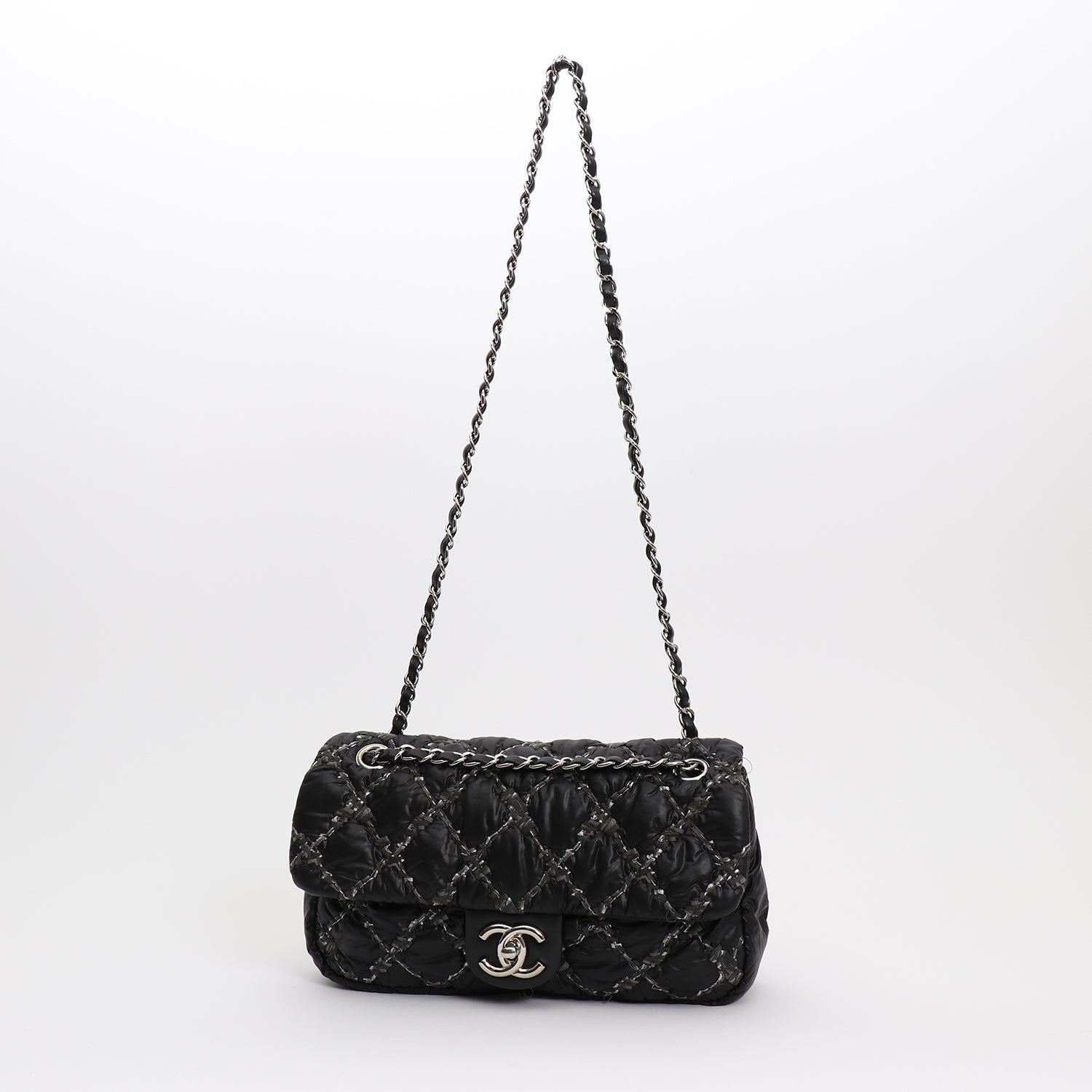 Chanel Timeless Classic medium model handbag in black quilted canvas and grey jersey - DETAIL 8