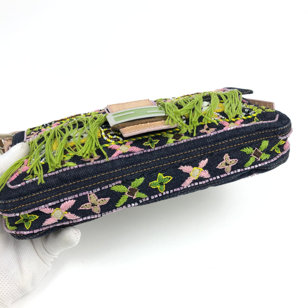 FENDI BEADED DENIM BAGUETTE WITH SNAKESKIN DETAILING