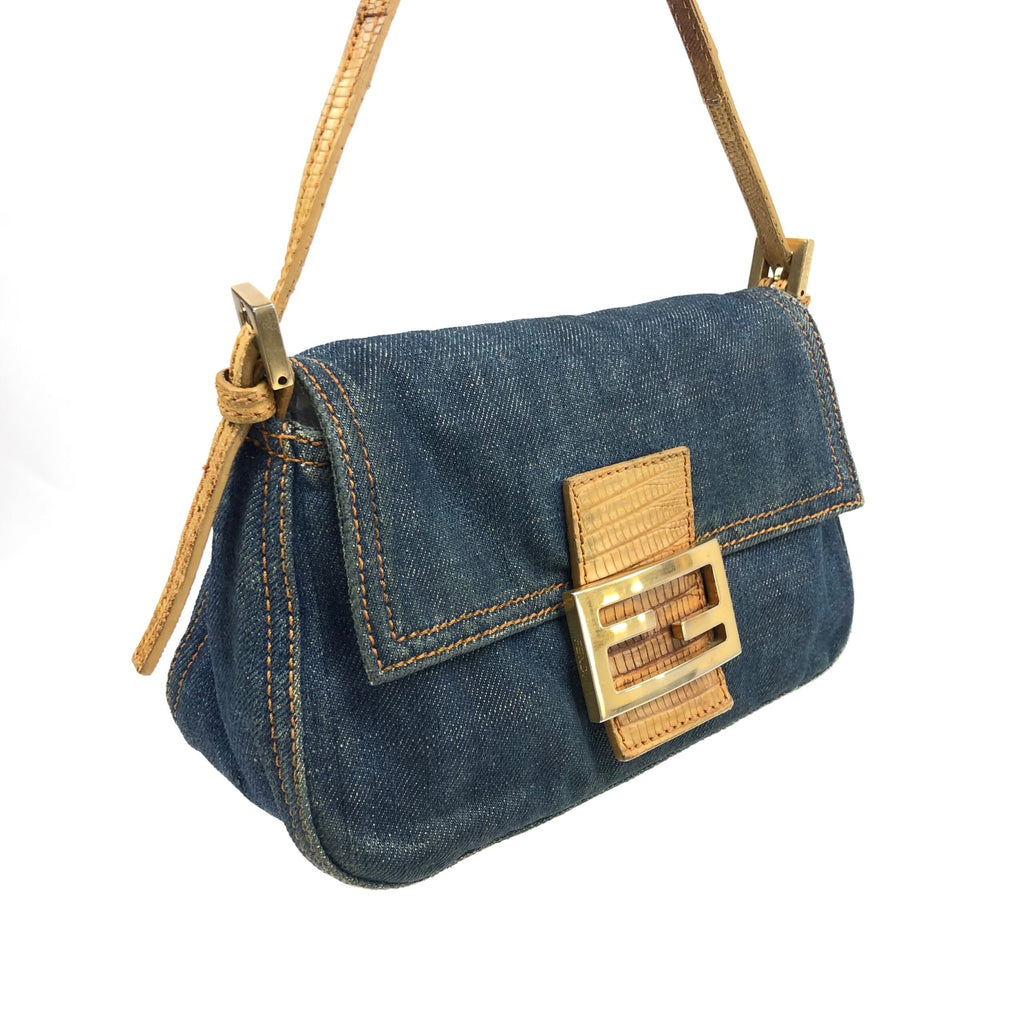 FENDI DENIM BAGUETTE BAG WITH EXOTIC LIZARD DETAILING