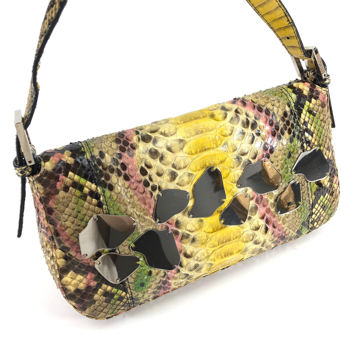 FENDI MULTI COLOUR PYTHON SNAKESKIN BAGUETTE SHOULDER BAG WITH METAL/MIRROR DETAILING