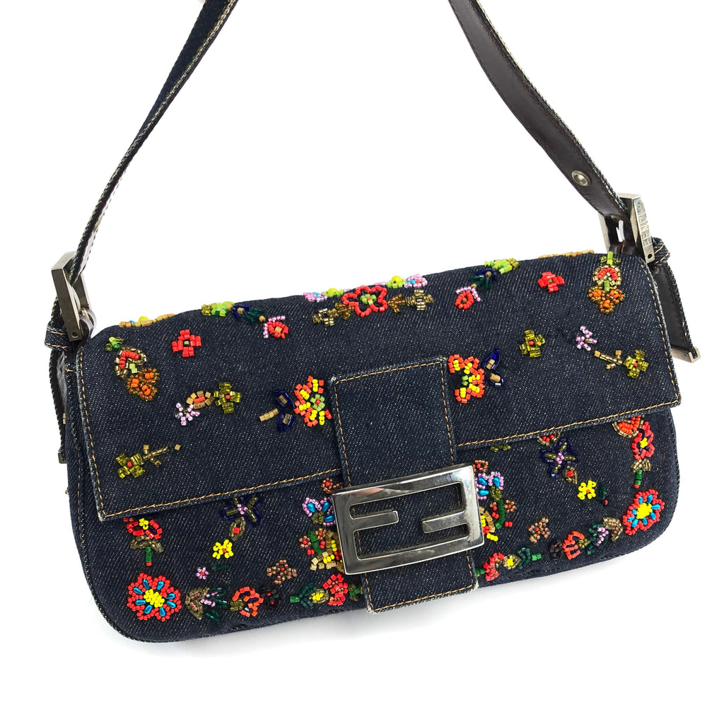 FENDI DENIM FLORAL BEADED BAGUETTE BAG