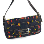 FENDI DENIM FLORAL BEADED BAGUETTE BAG