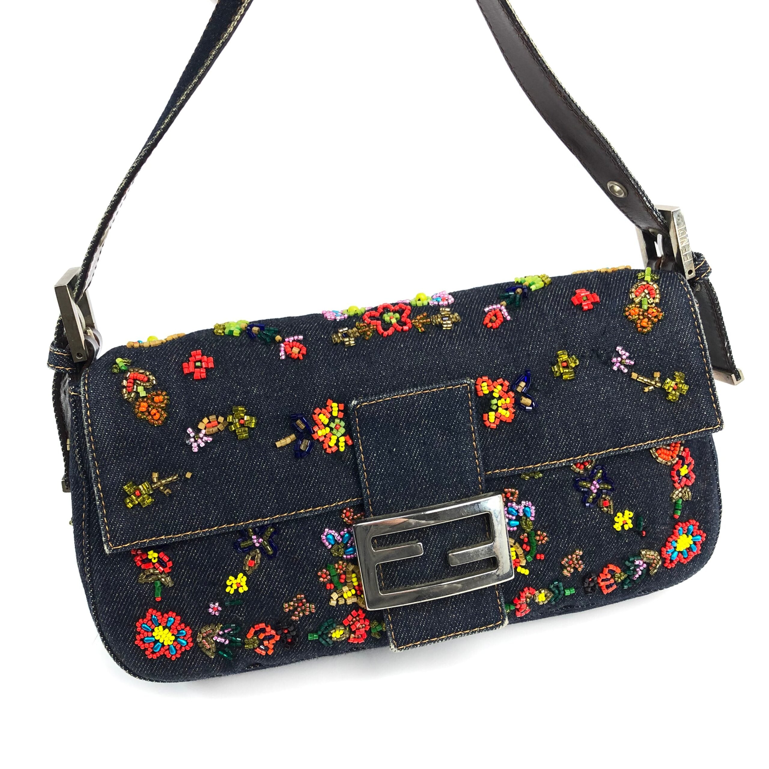FENDI DENIM FLORAL BEADED BAGUETTE BAG